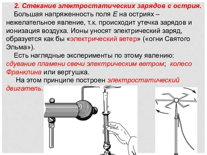 2. Стекание электростатических зарядов с острия. Большая напряженность поля E на