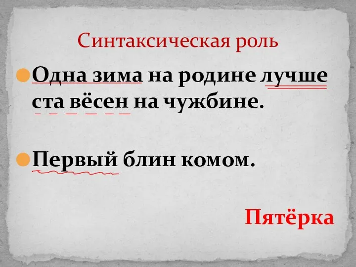 Одна зима на родине лучше ста вёсен на чужбине. Первый блин комом. Пятёрка Синтаксическая роль