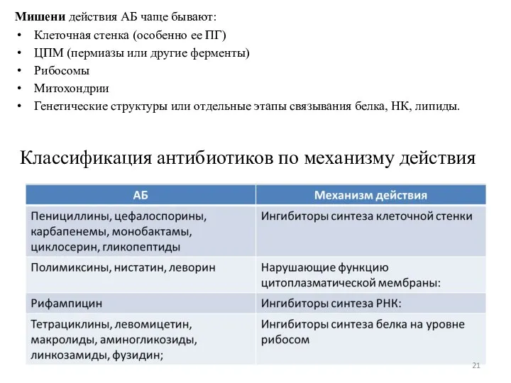 Мишени действия АБ чаще бывают: Клеточная стенка (особенно ее ПГ) ЦПМ