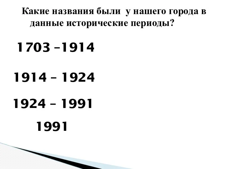 1703 –1914 1914 – 1924 1924 – 1991 1991 Какие названия