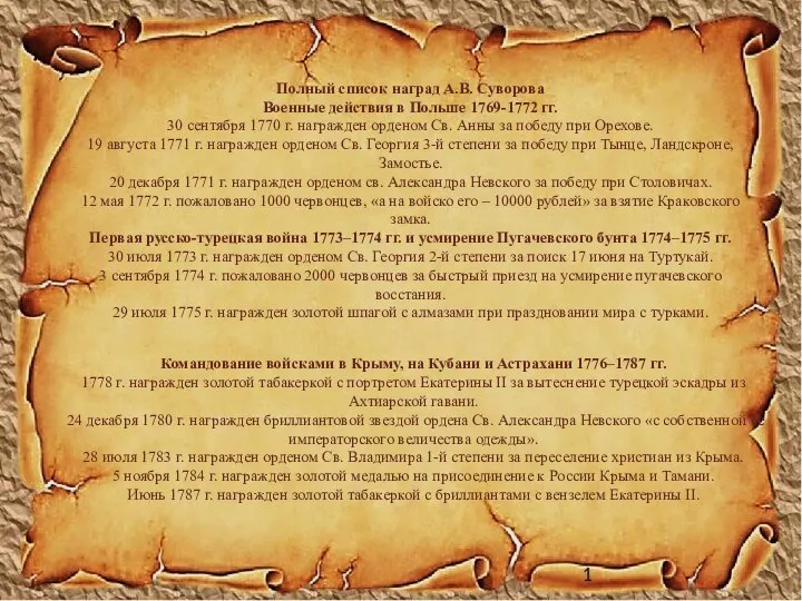 Полный список наград А.В. Суворова Военные действия в Польше 1769-1772 гг.