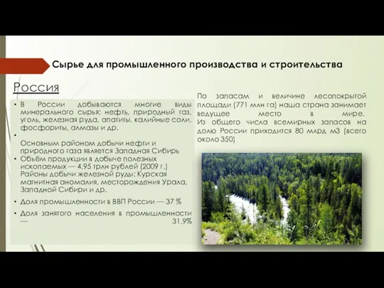 Россия В России добываются многие виды минерального сырья: нефть, природный газ,