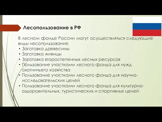 Лесопользование в РФ В лесном фонде России могут осуществляться следующие виды