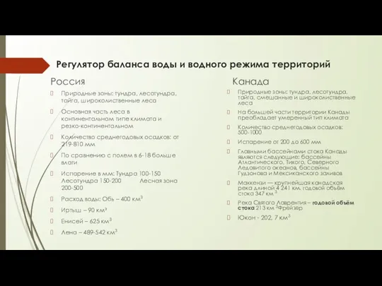 Регулятор баланса воды и водного режима территорий Россия Природные зоны: тундра,