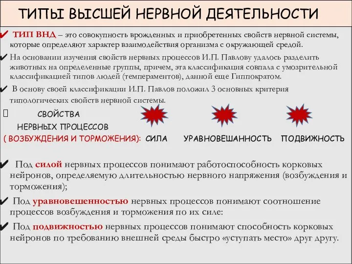 ТИПЫ ВЫСШЕЙ НЕРВНОЙ ДЕЯТЕЛЬНОСТИ ТИП ВНД – это совокупность врожденных и