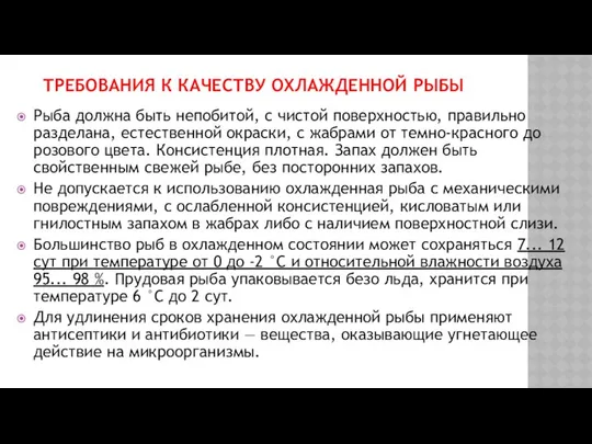 ТРЕБОВАНИЯ К КАЧЕСТВУ ОХЛАЖДЕННОЙ РЫБЫ Рыба должна быть непобитой, с чистой