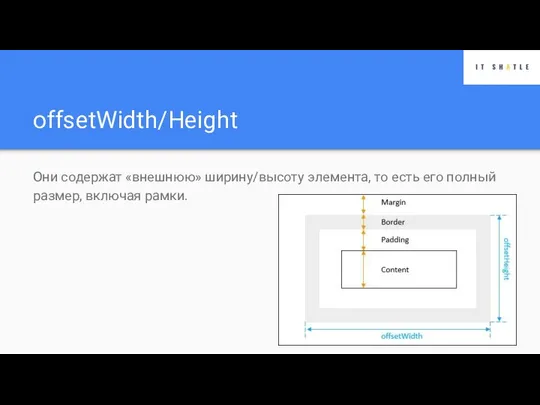 offsetWidth/Height Они содержат «внешнюю» ширину/высоту элемента, то есть его полный размер, включая рамки.