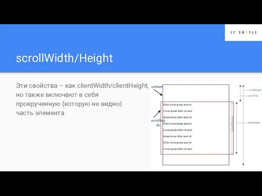 scrollWidth/Height Эти свойства – как clientWidth/clientHeight, но также включают в себя