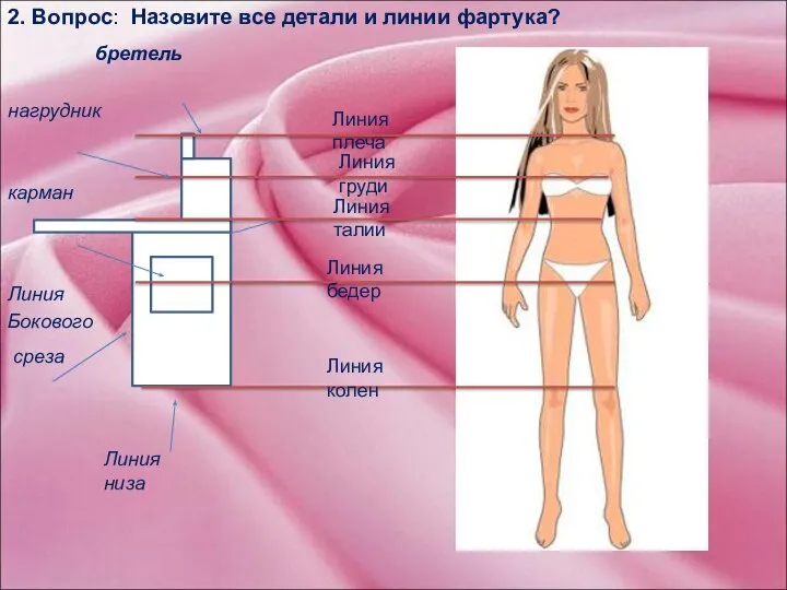 2. Вопрос: Назовите все детали и линии фартука? бретель нагрудник карман