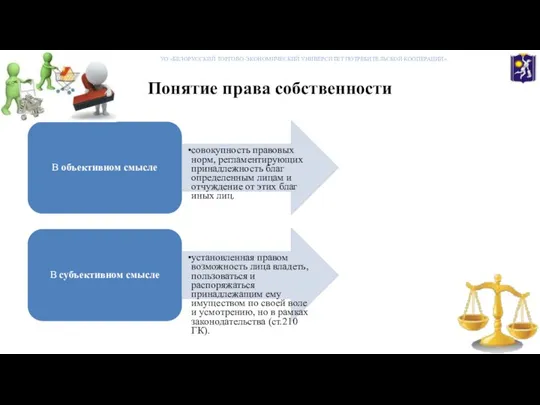 Понятие права собственности В объективном смысле совокупность правовых норм, регламентирующих принадлежность