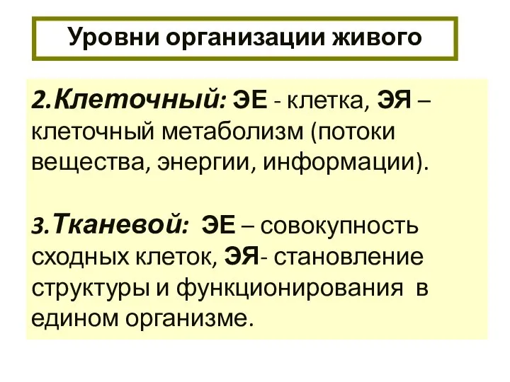 Уровни организации живого 2.Клеточный: ЭЕ - клетка, ЭЯ – клеточный метаболизм