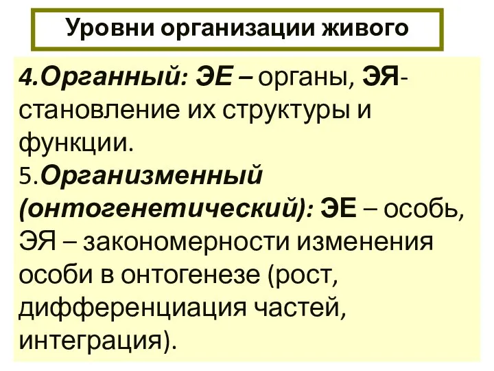 Уровни организации живого 4.Органный: ЭЕ – органы, ЭЯ- становление их структуры