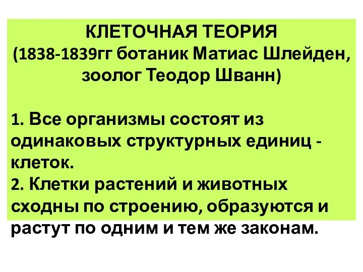 КЛЕТОЧНАЯ ТЕОРИЯ (1838-1839гг ботаник Матиас Шлейден, зоолог Теодор Шванн) 1. Все