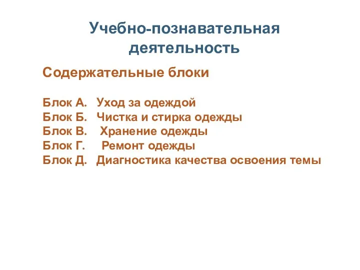 Учебно-познавательная деятельность Содержательные блоки Блок А. Уход за одеждой Блок Б.