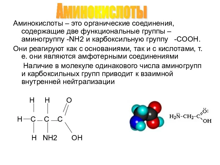 Аминокислоты – это органические соединения, содержащие две функциональные группы – аминогруппу