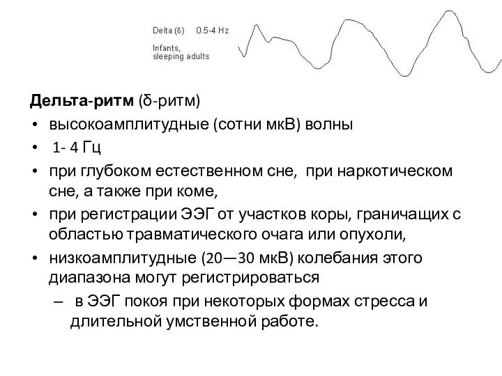 Дельта-ритм (δ-ритм) высокоамплитудные (сотни мкВ) волны 1- 4 Гц при глубоком