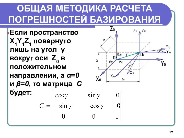 ОБЩАЯ МЕТОДИКА РАСЧЕТА ПОГРЕШНОСТЕЙ БАЗИРОВАНИЯ Если пространство X1Y1Z1 повернуто лишь на