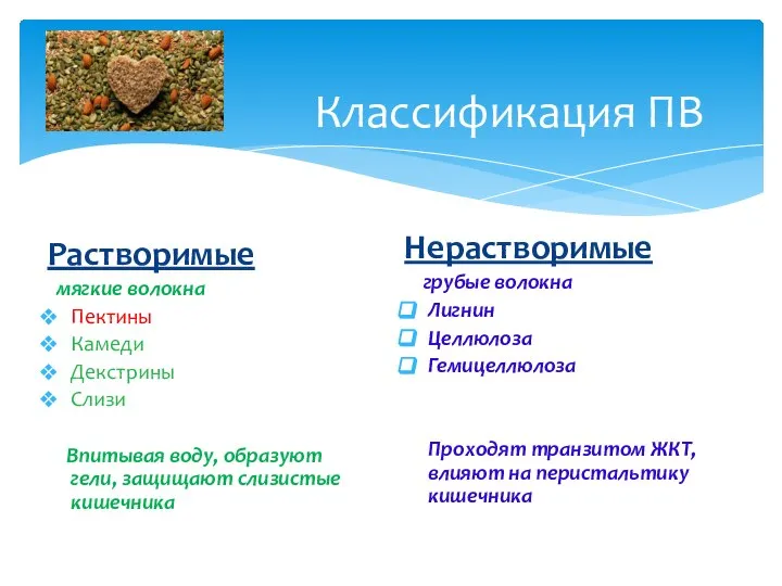 Классификация ПВ Растворимые мягкие волокна Пектины Камеди Декстрины Слизи Впитывая воду,