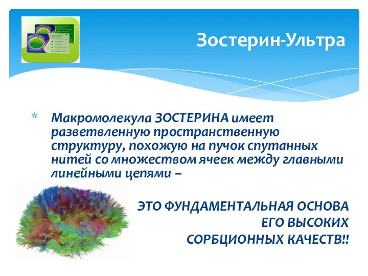 Макромолекула ЗОСТЕРИНА имеет разветвленную пространственную структуру, похожую на пучок спутанных нитей