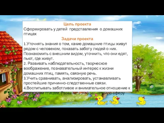 Цель проекта Сформировать у детей представления о домашних птицах Задачи проекта