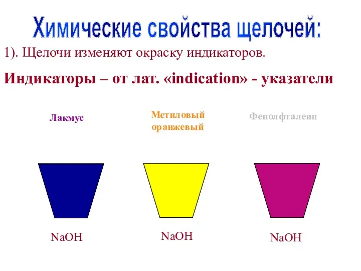 1). Щелочи изменяют окраску индикаторов. Индикаторы – от лат. «indication» -