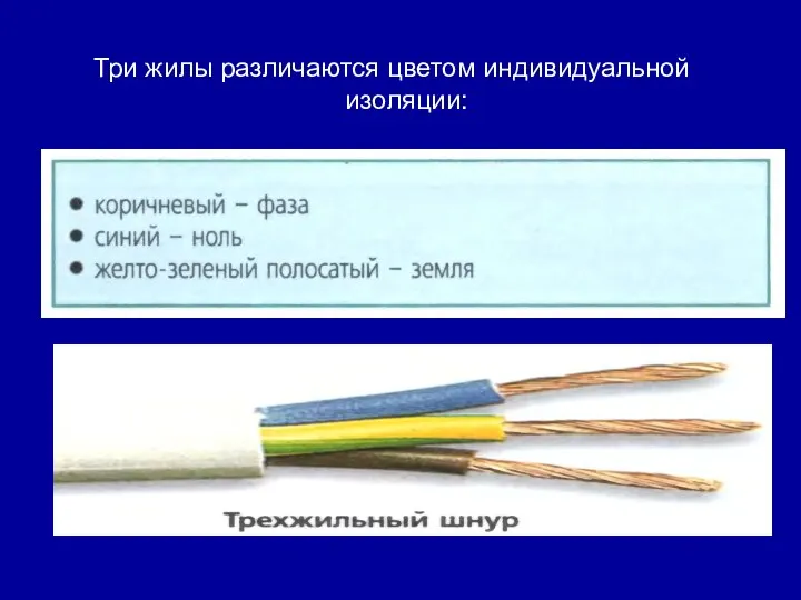 Три жилы различаются цветом индивидуальной изоляции: