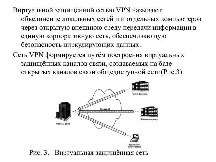 Виртуальной защищённой сетью VPN называют объединение локальных сетей и и отдельных