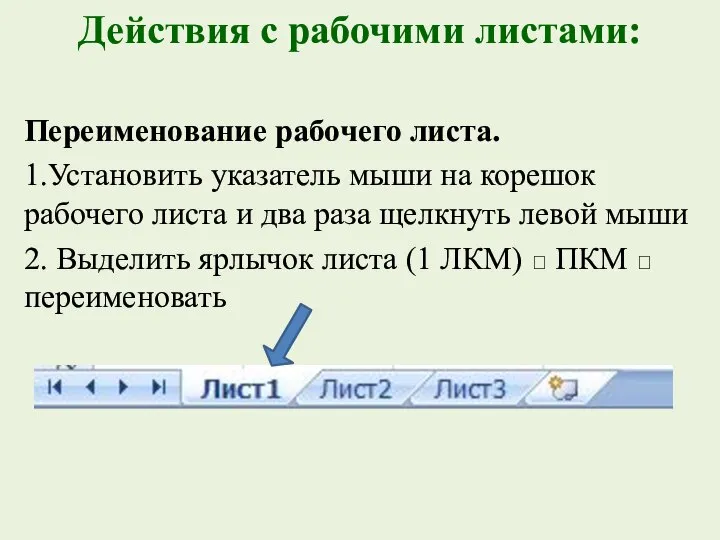 Действия с рабочими листами: Переименование рабочего листа. 1.Установить указатель мыши на