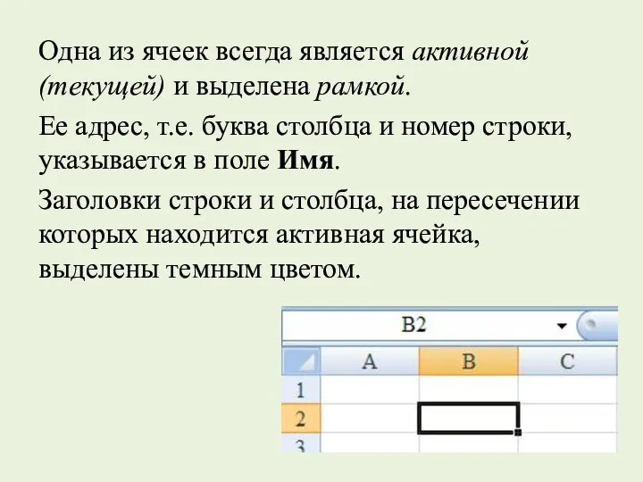 Одна из ячеек всегда является активной (текущей) и выделена рамкой. Ее