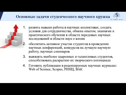 Основные задачи студенческого научного кружка развить навыки работы в научных коллективах,