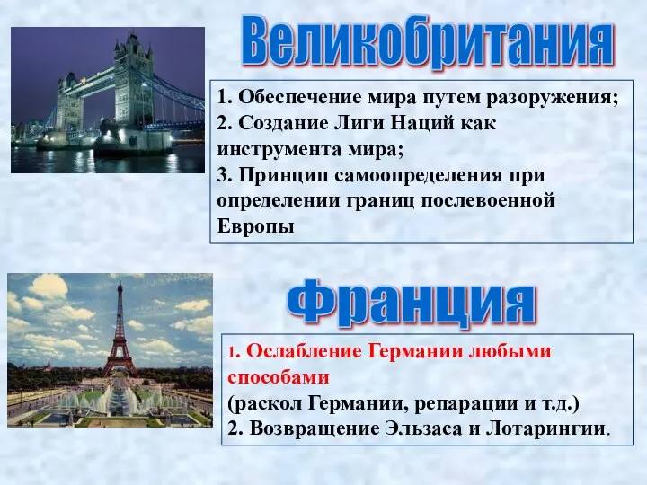 Великобритания 1. Обеспечение мира путем разоружения; 2. Создание Лиги Наций как