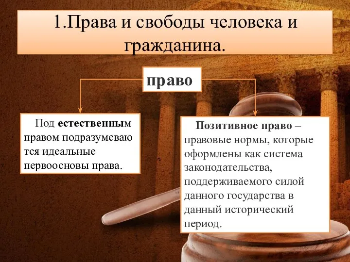 1.Права и свободы человека и гражданина. Под естественным правом подразумеваются идеальные