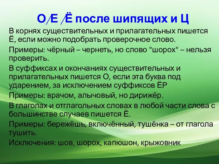 О/Е /Ё после шипящих и Ц В корнях существительных и прилагательных