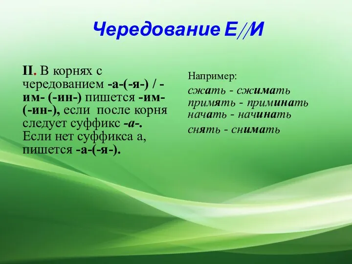 Чередование Е//И II. В корнях с чередованием -а-(-я-) / -им- (-ин-)