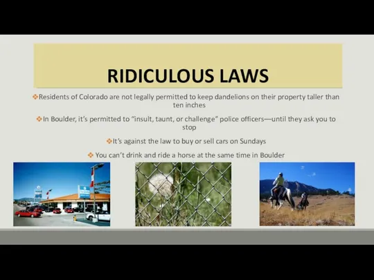 RIDICULOUS LAWS Residents of Colorado are not legally permitted to keep