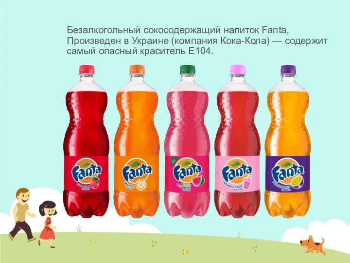 Безалкогольный сокосодержащий напиток Fanta, Произведен в Украине (компания Кока-Кола) — содержит самый опасный краситель Е104.