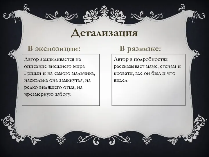 Детализация В экспозиции: В развязке: Автор зацикливается на описание внешнего мира