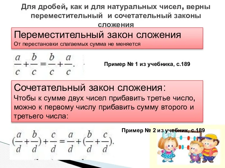 Переместительный закон сложения От перестановки слагаемых сумма не меняется Для дробей,