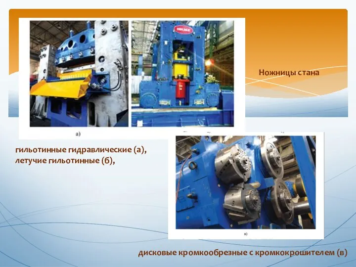 Ножницы стана гильотинные гидравлические (а), летучие гильотинные (б), дисковые кромкообрезные с кромкокрошителем (в)