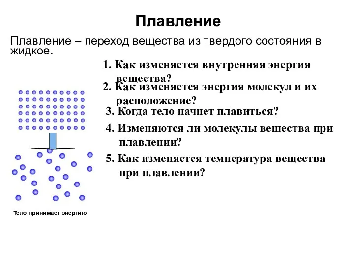 Плавление 2. Как изменяется энергия молекул и их расположение? 1. Как