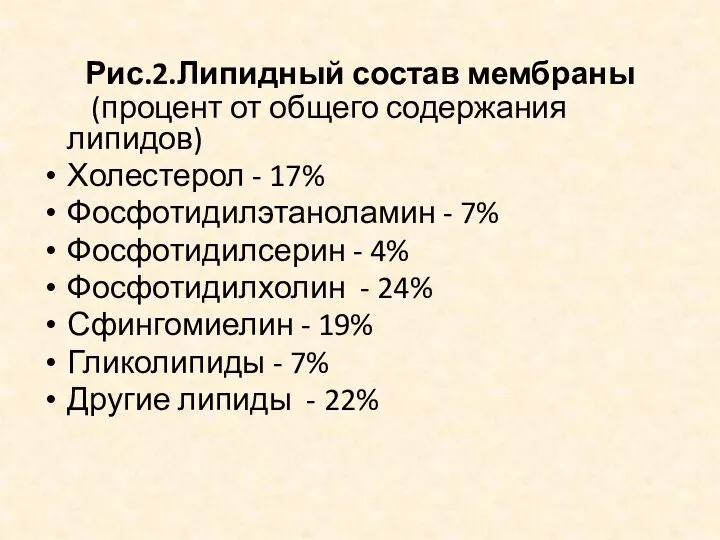 Рис.2.Липидный состав мембраны (процент от общего содержания липидов) Холестерол - 17%