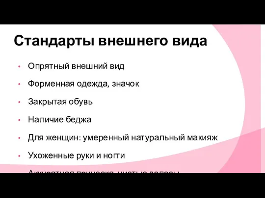 Стандарты внешнего вида Опрятный внешний вид Форменная одежда, значок Закрытая обувь