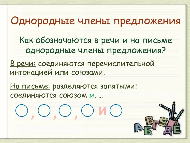 Однородные члены предложения Как обозначаются в речи и на письме однородные