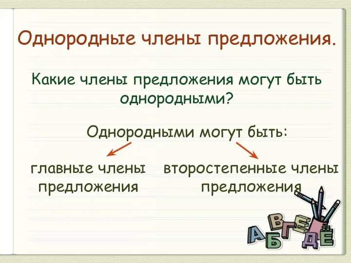 Однородные члены предложения. Какие члены предложения могут быть однородными? Однородными могут