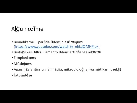 Aļģu nozīme Bioindikatori – parāda ūdens piesārņojumi (https://www.youtube.com/watch?v=ehLdQMNPiok ) Bioloģiskais filtrs