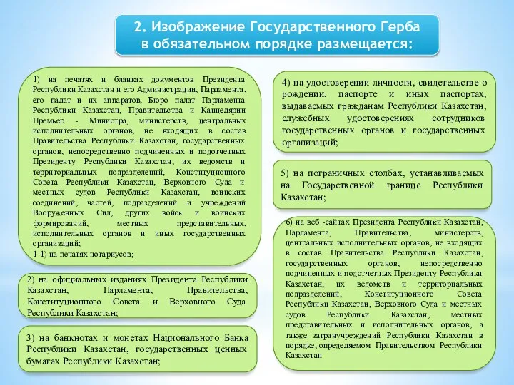 1) на печатях и бланках документов Президента Республики Казахстан и его