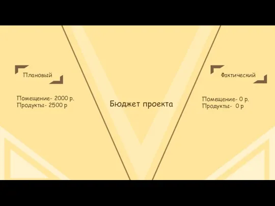 Плановый Фактический Помещение- 2000 р. Продукты- 2500 р Помещение- 0 р. Продукты- 0 р Бюджет проекта