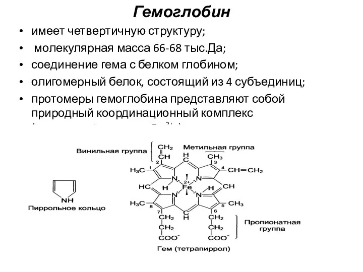 Гемоглобин имеет четвертичную структуру; молекулярная масса 66-68 тыс.Да; соединение гема с