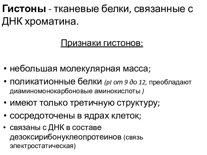 Гистоны - тканевые белки, связанные с ДНК хроматина. Признаки гистонов: небольшая