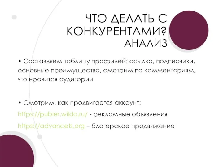 ЧТО ДЕЛАТЬ С КОНКУРЕНТАМИ? АНАЛИЗ • Составляем таблицу профилей: ссылка, подписчики,